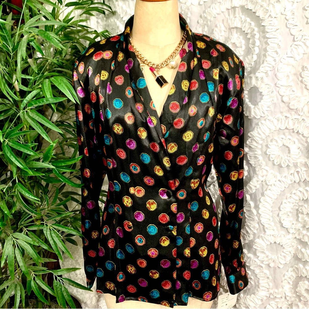 NWT Vintage “Notations” multi color gems on black print long sleeve blouse- 8 - Picture 3 of 12